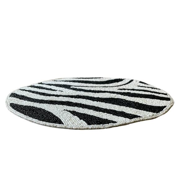 TIRAMISU 15in ZEBRA Handmade Beaded Placemat Charger  Black & Ivory Decor NEW - Picture 2 of 5